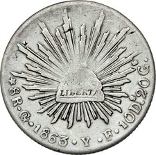 ► MEXICO • 1863 ☆ 8 REALES GUANAJUATO (YF) · SILVER • LIBERTAD ☆ KM#377.8 ☆D1311