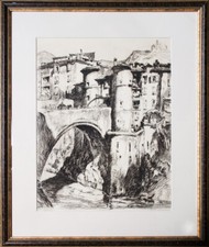 Georges Gobo Pont d'Entrevaux Alpes-de-Haute-Provence gravure 55x45cm encadrée