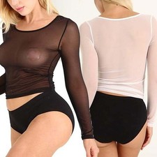 T-shirt femme en maille crop top transparent manches longues