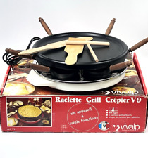 Vivalp Triple Functions V9 Raclette Grill Crepier France 11" White 6 Pans-Tested