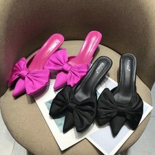 Sexy Womens Low Kitten Heels Mules Slippers Bowknot Pointed Satin Sandals Shoes