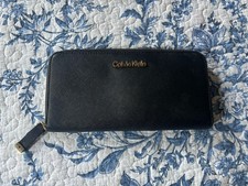 Calvin Klein Black Zip Around Wallet Saffiano Leather Gold Logo Women’s Clutch