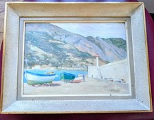 Petit tableau encadré Barques au repos Port de Collioure, signé en bas à droite 