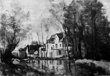VOISINLIEU (BEAUVAIS): MAISON au bord de l'eau (de COROT -Barbizon)- Gravure 19e