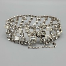 1950s Wide Clear Prong Set Baguette Chaton Rhinestone Rhodium Plate Bracelet 7"