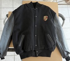 Porsche Black Leather Wool Varsity Bomber Jacket Men's X-Large NEW