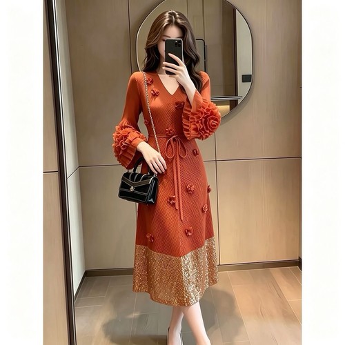 Robe femme midi orange - , unie