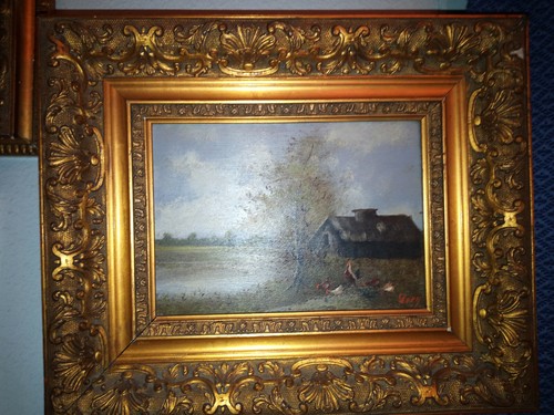 Tableau huile sur bois cour - tableau,