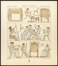 1890 - Greco-Roman furniture - seat, throne, stool, benches. Lithograph