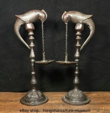 10.4 " China Bronze Dynasty Animal parrot Bird Candlestick Candlesticks Pair