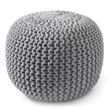 OPEN BOX - Round Cotton Pouf Ottoman, Light Gray - 20 x 20 x 14.5 Knit Foot