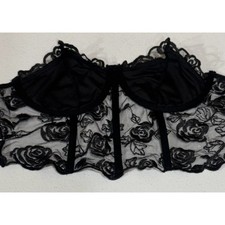 Women's Black Lace Floral Bralette Bustier Corset Top Rose SZ 6