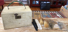 Vintage salon barber hairdresser beautician box w/ contents scissors brushes +