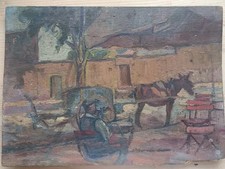 TABLEAU ANCIEN VIEIL HOMME ET SA CHARETTE VERS 1930 NON SIGNÉ ?? 33x24cm