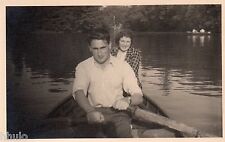 BK575 Vintage Photo Card RPPC Couple Rowing Boat Lake Snapshot