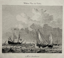 SEA BOULEUSE engraving EAU FORTE Willem van de Velde CHARLES COURTRY XIXÂ°
