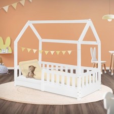 Lit pour enfants en bois de pin cabane blanc avec barriere anti-chute 140x70 cm