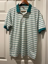McGregor Men's Polo Shirt XL Green White Striped Short Sleeve Collar Vtg Flaw