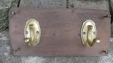 Antique 2-Hook Wood and Brass Wall Coat Rack, Vintage Marine Ambience