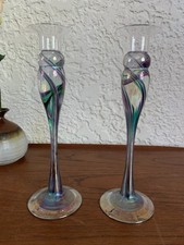 Luster Swirl Iridescent ROSETREE New Orleans Art Glass Candlesticks Pair Set 2