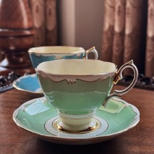 Royal Albert Bone China Teacup & Saucer Set Green Gold Vintage 1960s-80s