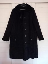 Manteau long daim noir T/44 col fourrure, doublé fourrure