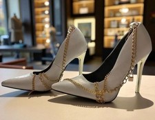 Escarpins Talons Aiguilles Femme Pointure 9.5 Blanc Bijoux Dorés