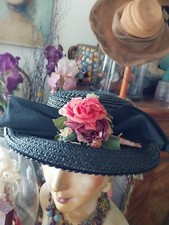 Charming antique black straw hat with bow and pretty flowers VGC