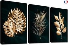 3Pcs Cadre en bois Impression sur Toile Forêt Arbre Or Palm Feuilles Tableau 