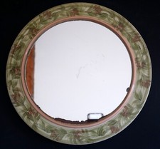 Antique Jersey Pottery Ceramic Mirror Signed, Olive Tree Decor, Vintage, Round