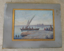 gouache old African men, orientalist / boat signed M.V. wooden frame 