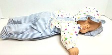 Vintage Tummy Sleeping Baby Doll 13.5" Blue Striped Outfit Matching Cap