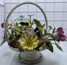Vintage Italian metal tole floral basket enamel flowers Metal tag 8" tall roses