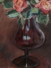 Tableau ancien XIX pastel nature morte aux roses signé Imbert