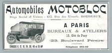 1910's AUTOMOBILES MOTOBLOC BORDEAUX PARIS CHASSIS 8.12.70 HP ANTIQUE ADVERTISEMENT