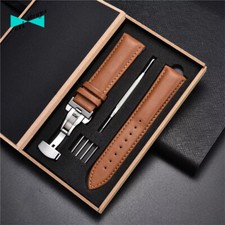 Black Brown Leather Deploying Buckle Watch Strap Mens 18 20 22 24mm