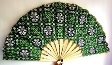 Éventail à main vert en bambou,pliable,bois et tissu, batik,africain