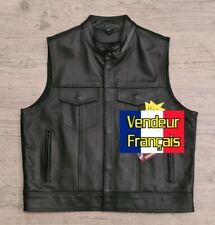 Gilet Jacket sans manches en Cuir véritable de vachette Col Mao - Bikers custom