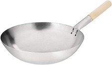 Wok Vogue 35 cm, wok en acier doux avec base ronde, pour la cuisson, argenté