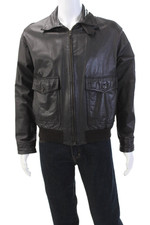 Neiman Marcus Womens Leather Zippered Collared Basic Jacket Black Size M