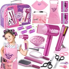 Hairdressing kit child girl toy with hair dryer straightener mirror comb cise...