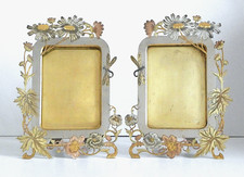 Paire de cadre photo Art nouveau bronze et laiton libellule fleurs Jugendstil