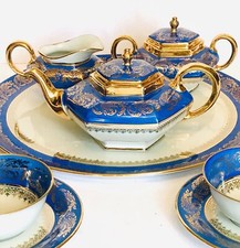 Head To Head Tea Set On Tray / Limoges Porcelain / Gold Decor. "