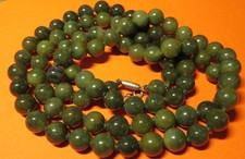 SAUTOIR ancien PERLES JADE NEPHRITE - 90 Perles ø: 8 mm FERMOIR sécurité ARGENT