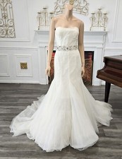 Pronovias Ivory Sequin Tulle Strapless Belted Wedding Dress sz 14