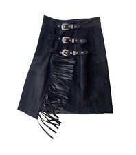 Vintage 90’s SUEDE LEATHER FRINGE MINI SKIRT S Black Western Boho Festival Rodeo