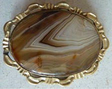 Antique Gold Metal Brooch + Agate Semi-Precious Stone