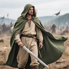 Medieval Hooded Cape Cloak Mens Ranger Cosplay Linen Costume Halloween