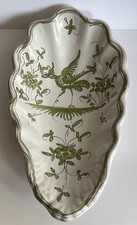 RAVIER COQUILLE FAIENCE MARTRES TOLOSANE DECOR MOUSTIERS VERT  VOLATILE L 21 cm