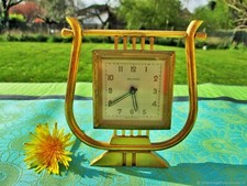 Vintage Lyre Bronze France Office Clock.Vintage Desk Clock Alarm Lyr
